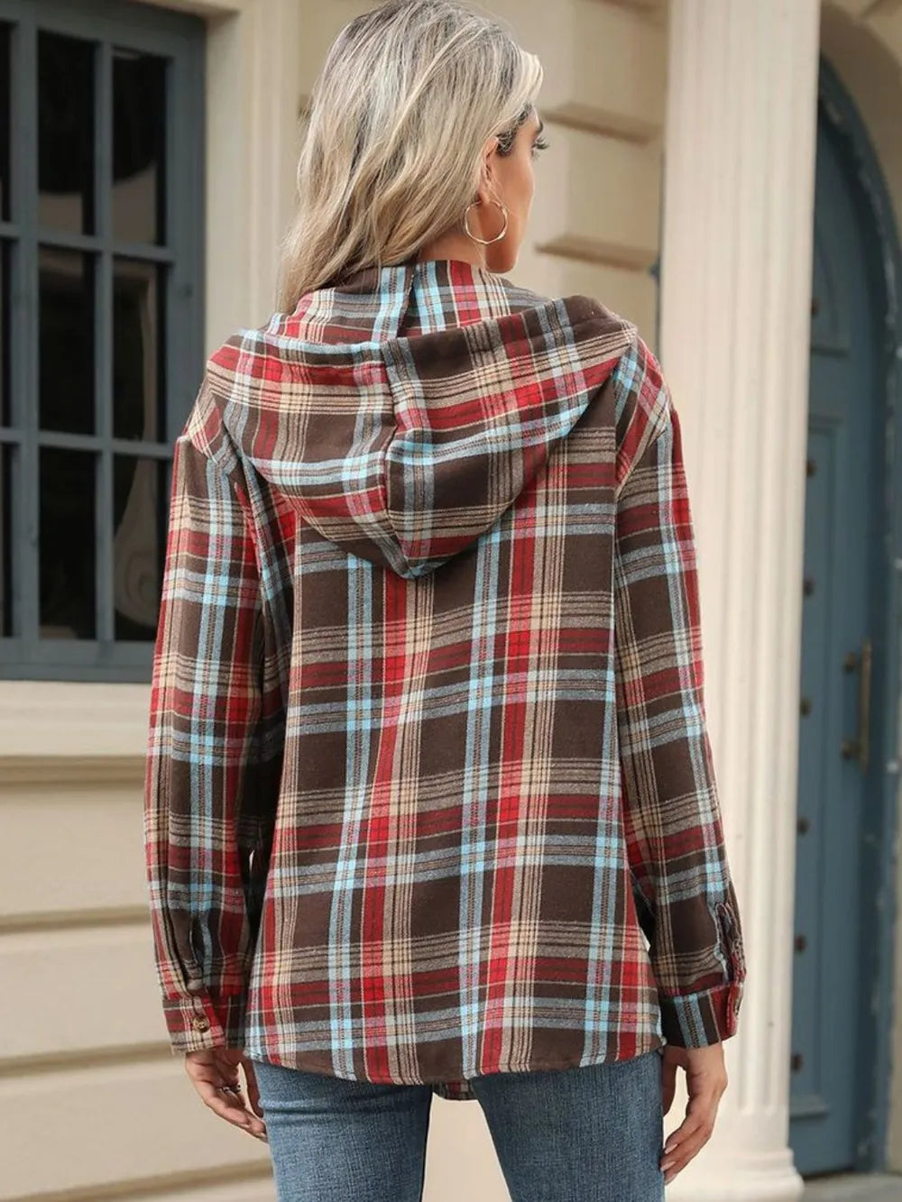 Drawstring Plaid Hooded Long Sleeve Top (18)