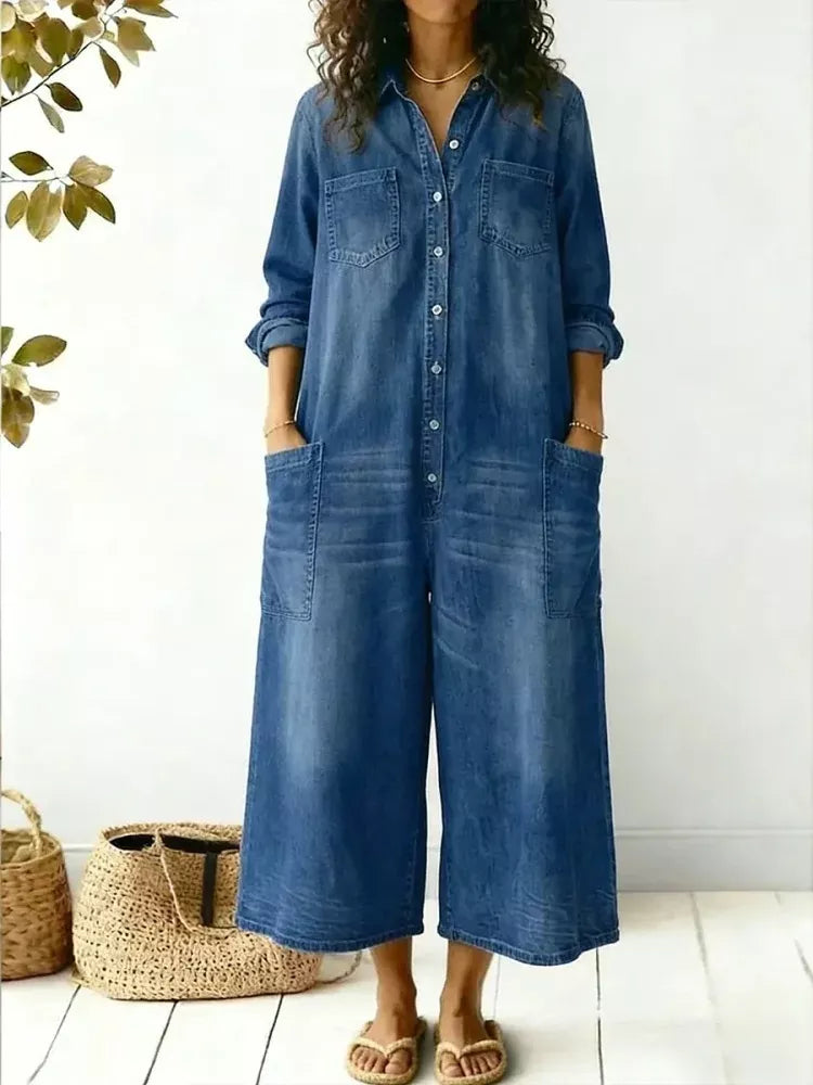 Full Size Button Front Wide Leg Jumpsuit Chest Pockets Plus (2)
