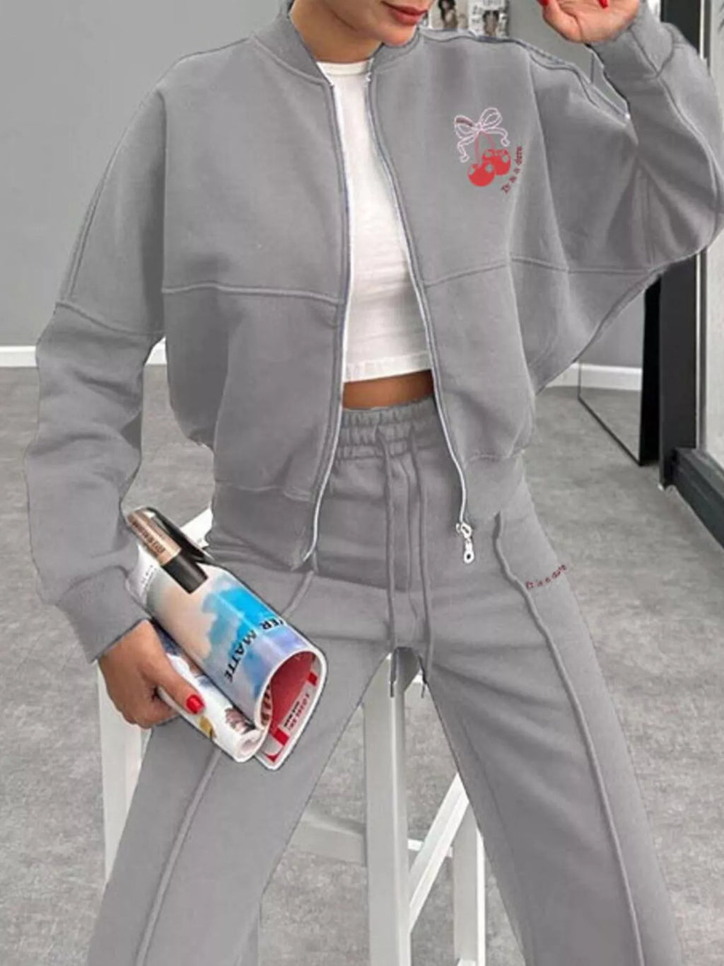 Zip Up Dropped Shoulder Outerwear Pants Set (24)