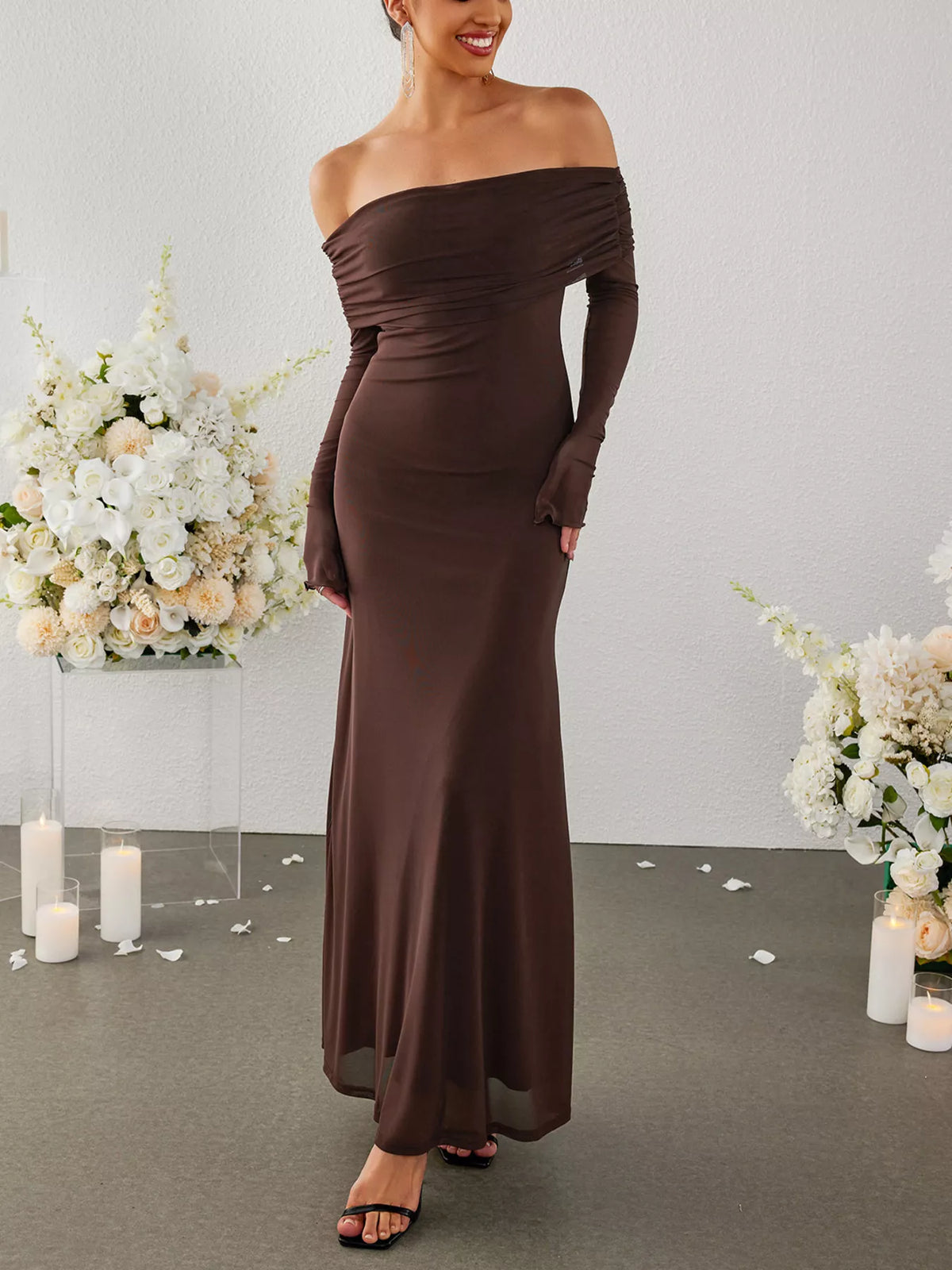 Off-shoulder Ruched Long Sleeve Maxi Dress (22)