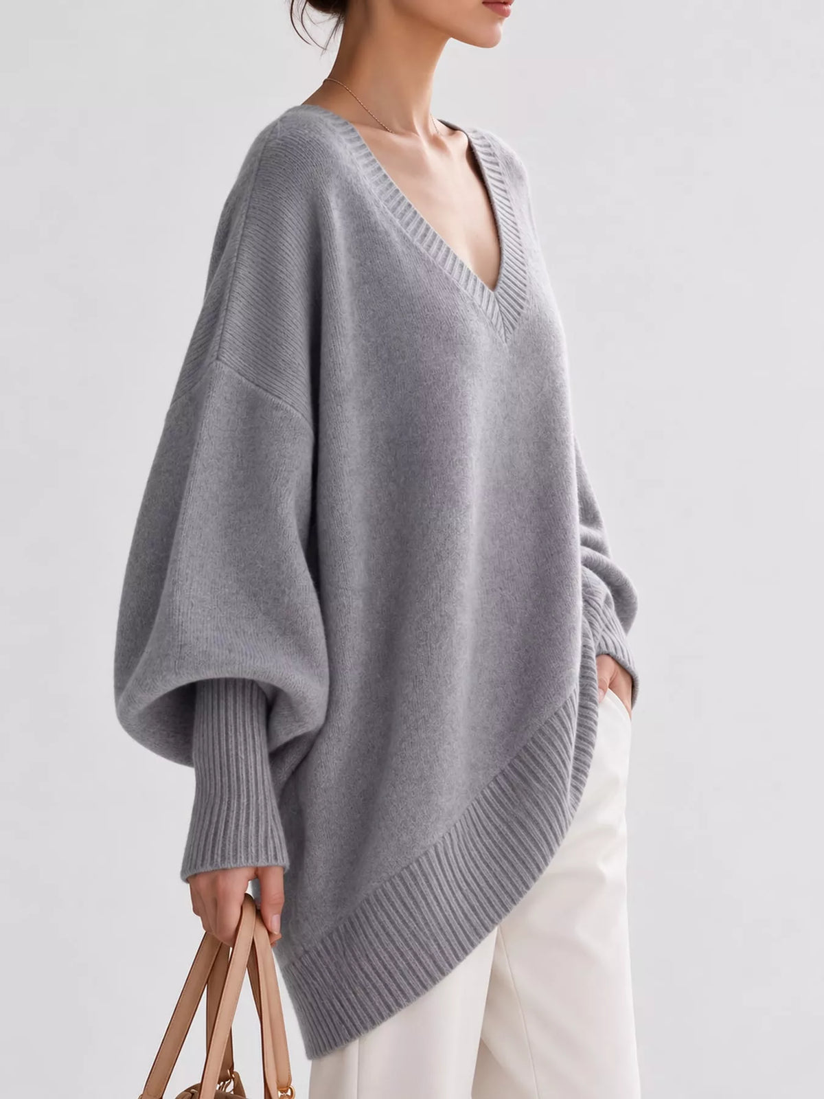 Full Size V-neck Oversized Batwing Sleeve Sweater Plus (43)