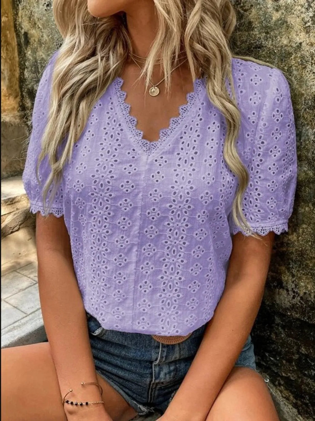 Full Size Eyelet V-neck Short Sleeve Blouse Plus (9)