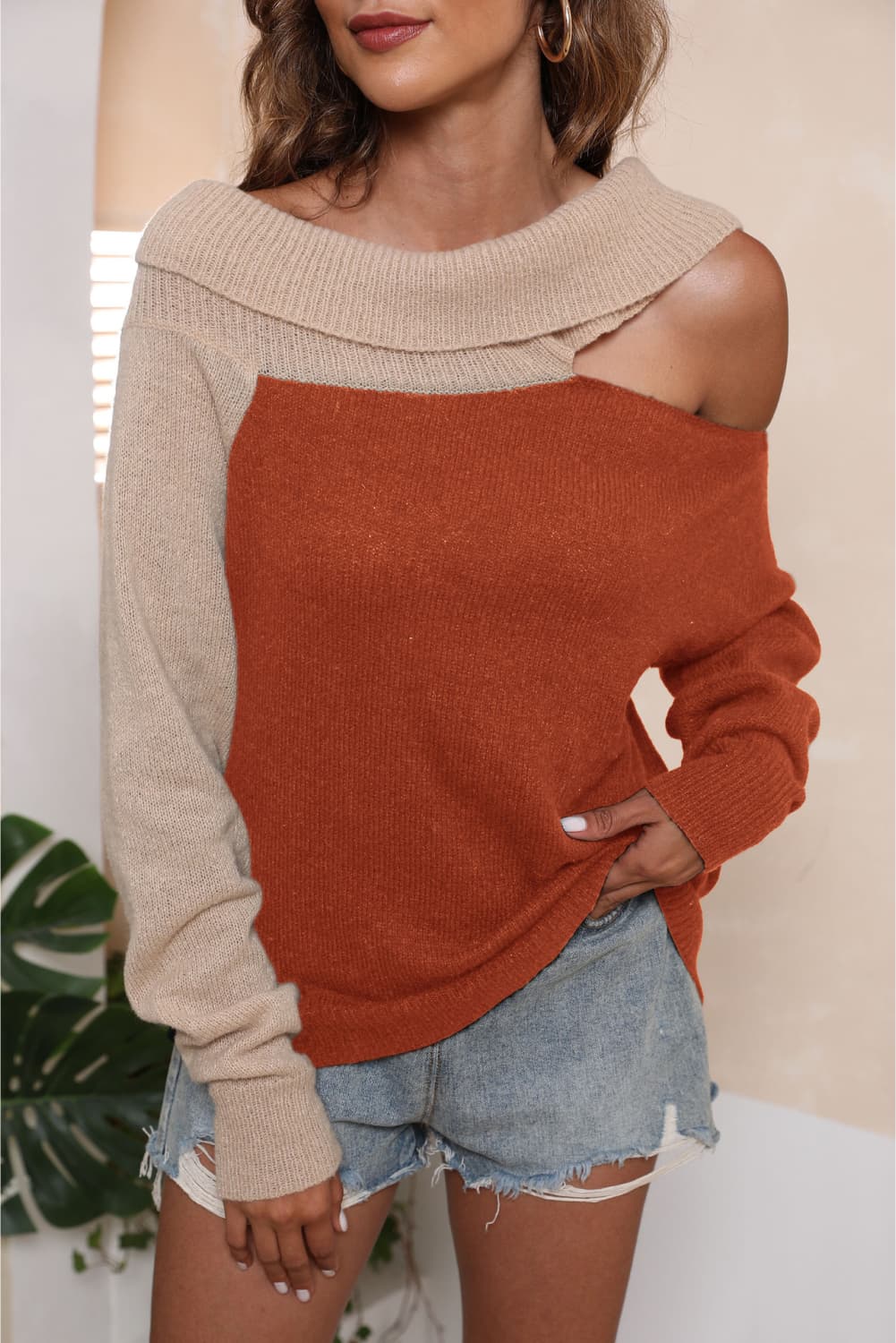 Asymmetrical Long Sleeve Two-tone Cutout Sweater (8)