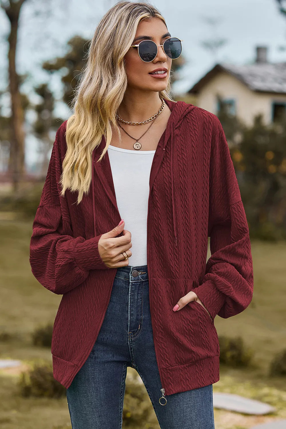 Drawstring Zip Up Dropped Shoulder Hoodie (18)