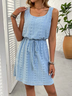 Eyelet Drawstring Round Neck Sleeveless Dress (5)