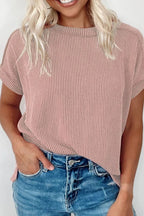 Casual Ribbed Short Sleeve Round Neck T-shirt (25)