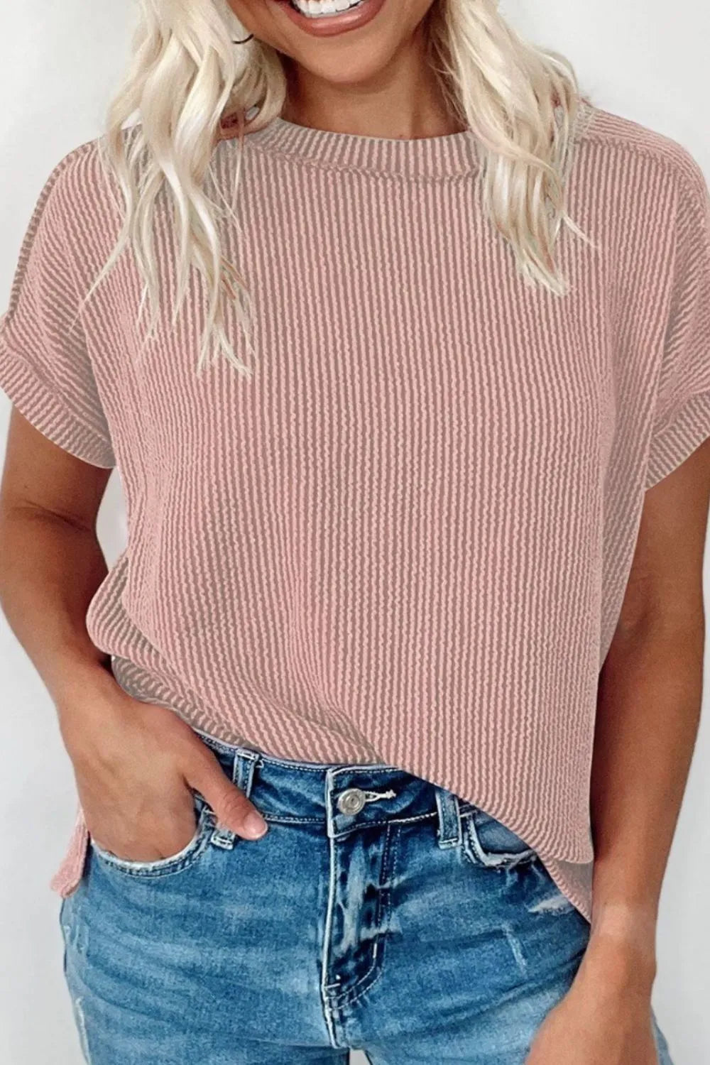 Casual Ribbed Short Sleeve Round Neck T-shirt (25)