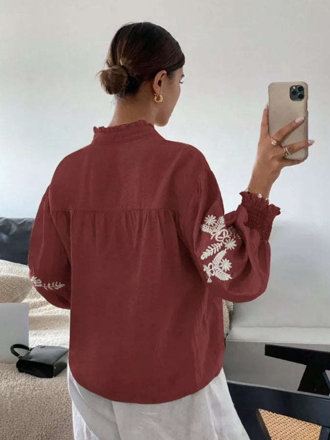 Embroidered Notched Long Sleeve Blouse (31)