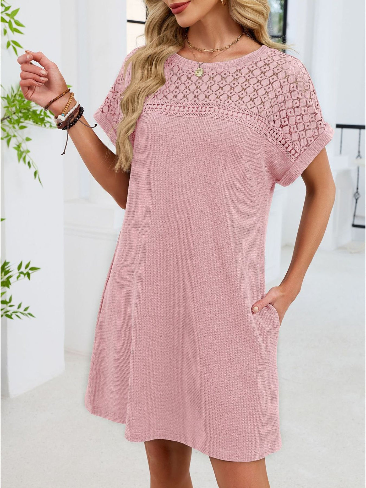 Lace Round Neck Short Sleeve T-shirt Dress (27)