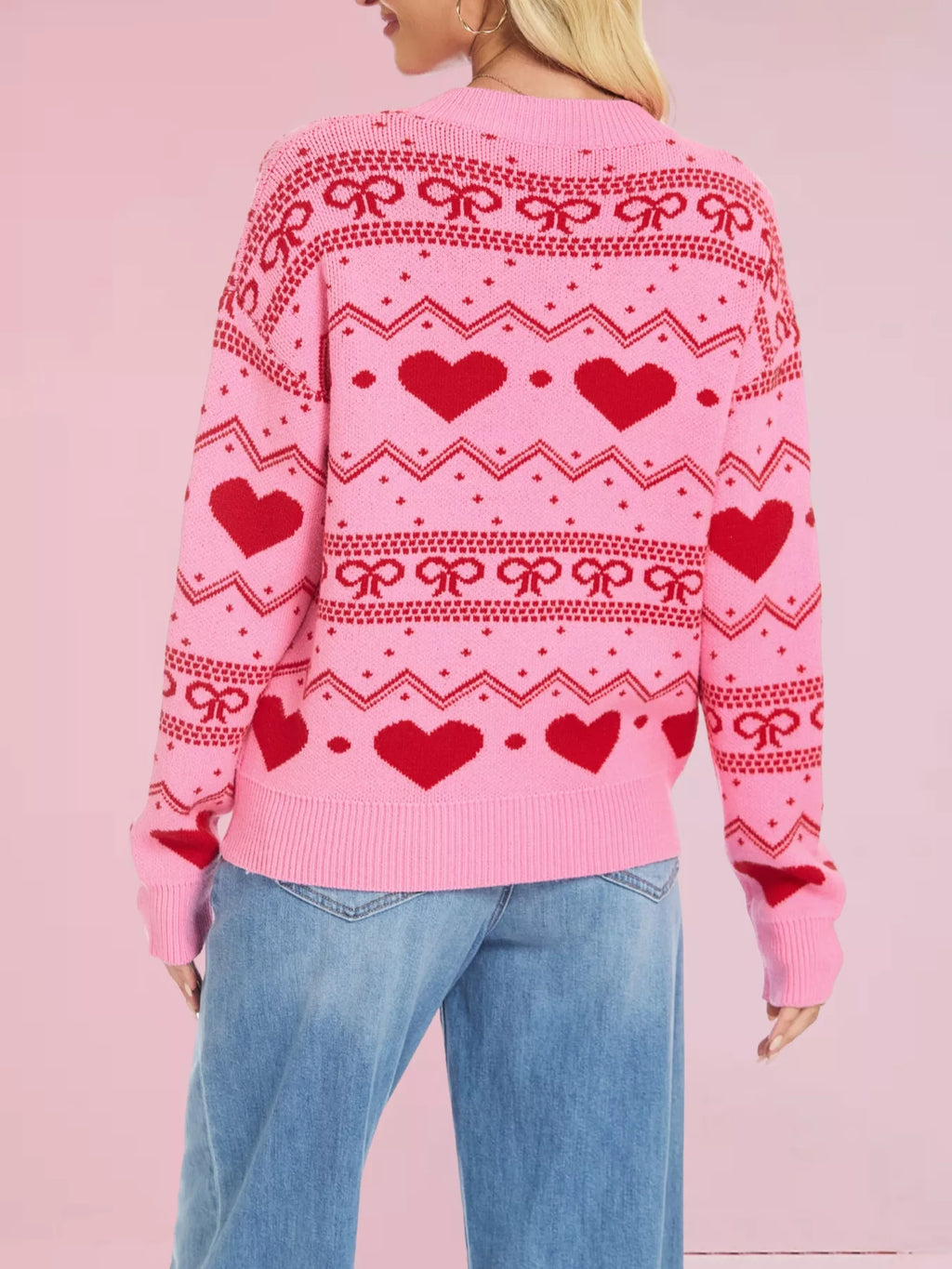 Heart Bow Pattern Round Neck Sweater (9)