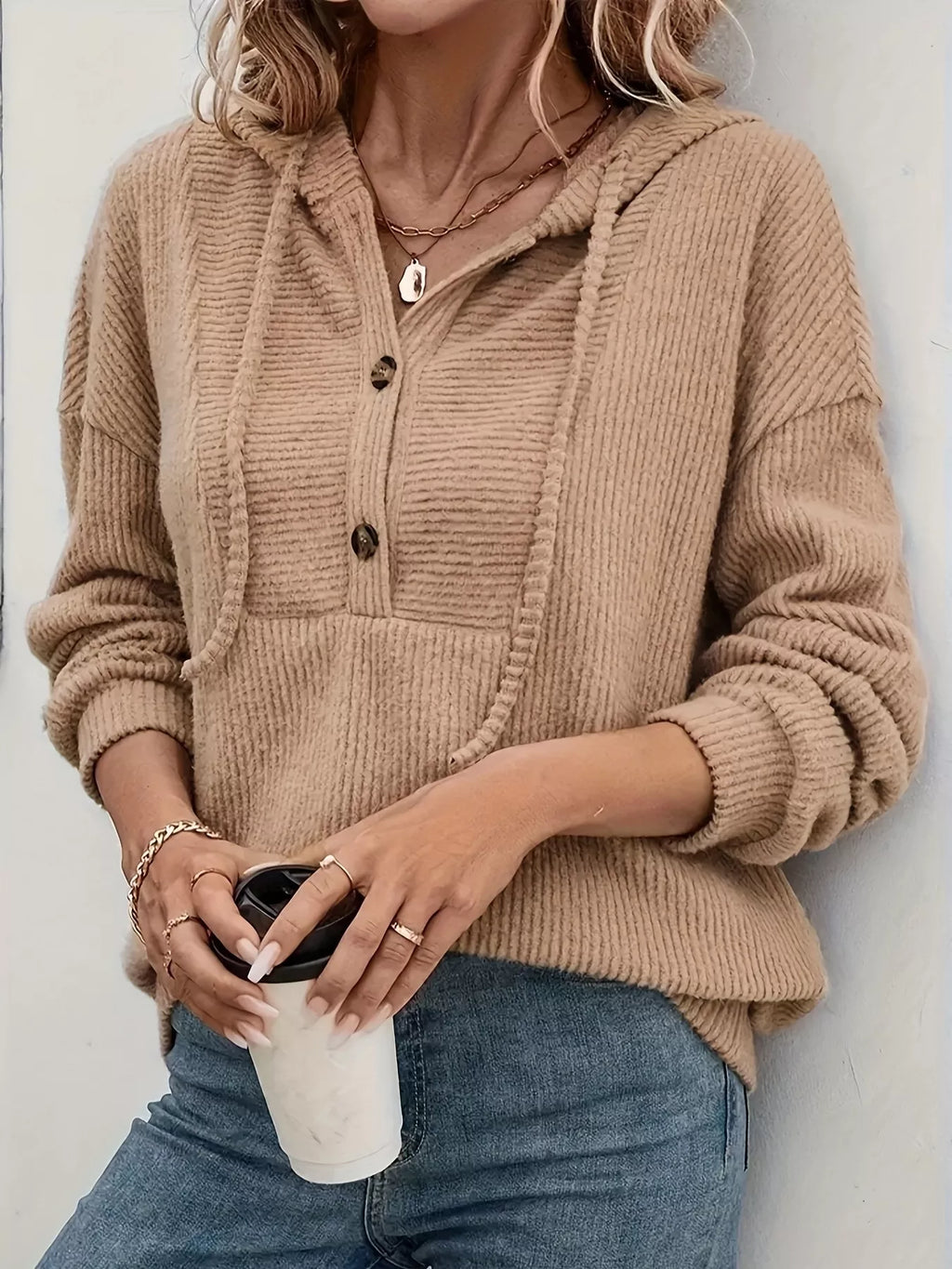 Button-front Drawstring Hoodie (4)