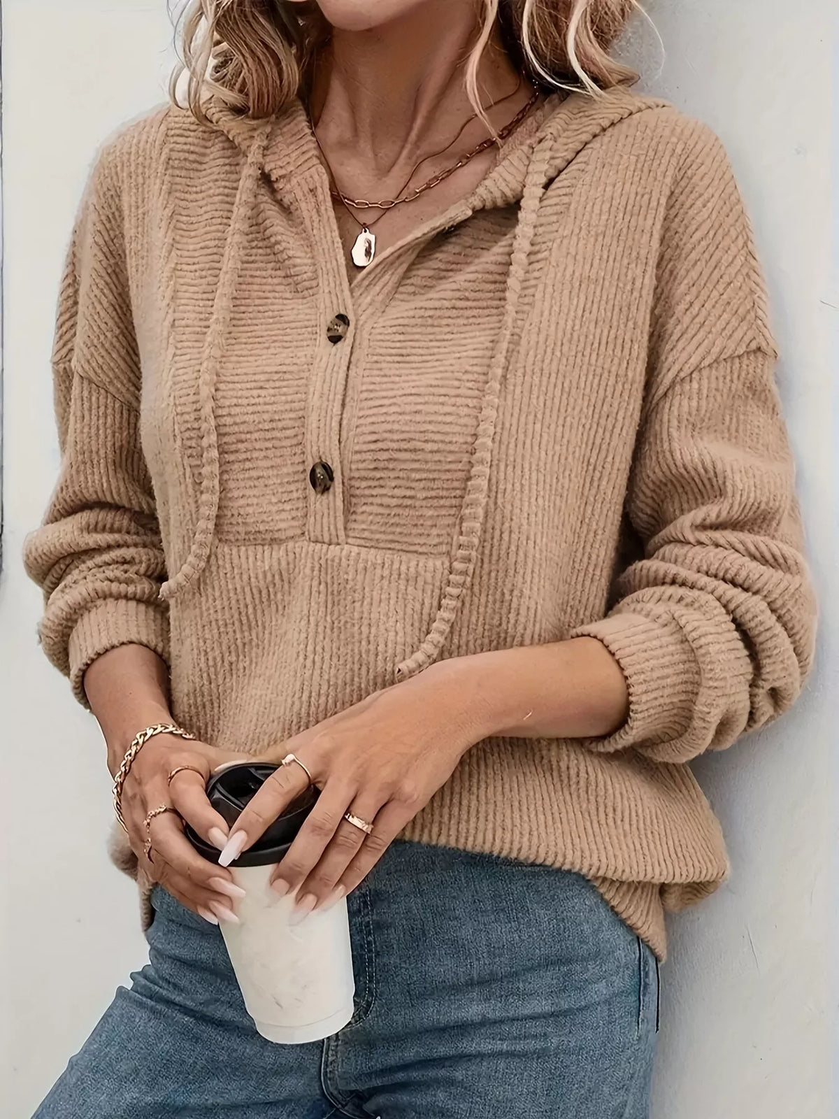 Button-front Drawstring Hoodie (4)