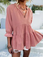 Ruffled Notched Three-quarter Sleeve Blouse (8)