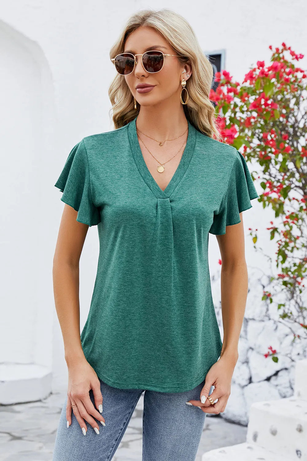 V-neck Flutter Sleeve T-shirt (4)