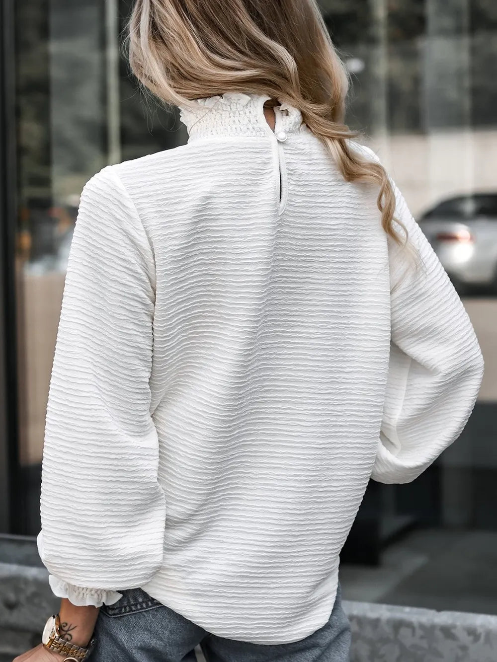 Smocked Frill Mock Neck Long Sleeve Blouse (2)