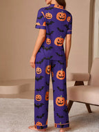 Halloween Pumpkin Bat Print Button-down Top Pants Lounge Set (15)