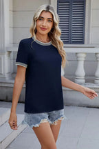 Contrast Trim Round Neck Short Sleeve T-shirt (14)