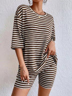 Striped Round Neck Top Shorts Set (18)