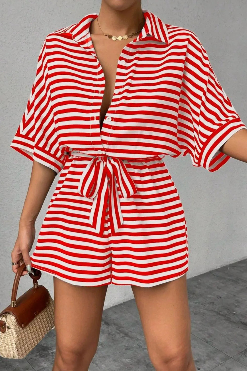 Striped Collared Neck Tie Waist Romper (14)