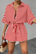 Striped Collared Neck Tie Waist Romper (14)