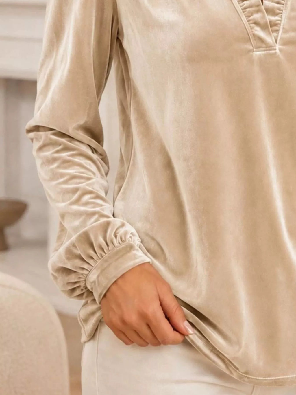V-neck Ruffle Trim Velvet Blouse (3)