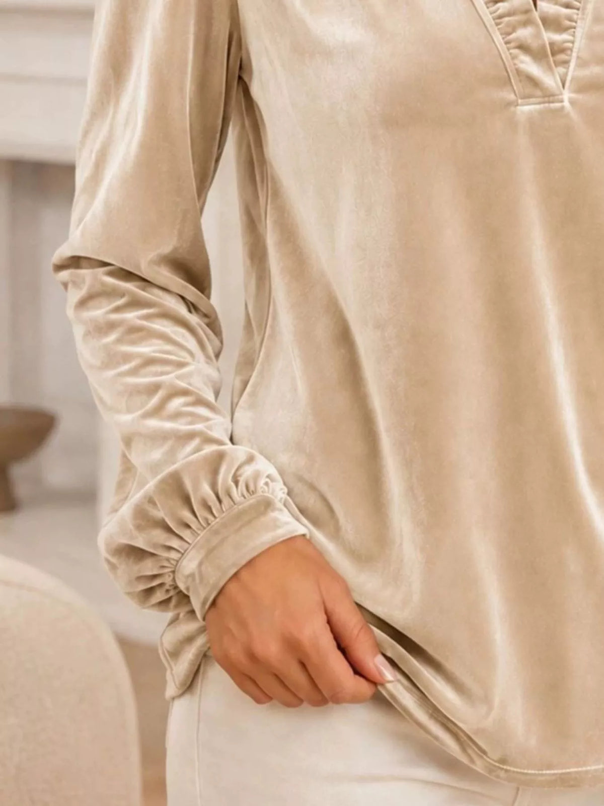 V-neck Ruffle Trim Velvet Blouse (3)