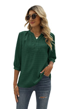 Swiss Dot Notched Neck Three-quarter Sleeve Blouse (19)