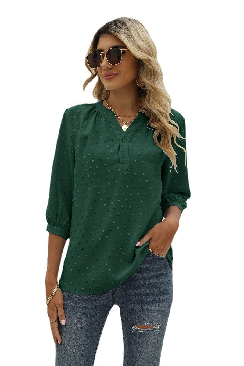 Swiss Dot Notched Neck Three-quarter Sleeve Blouse (19)