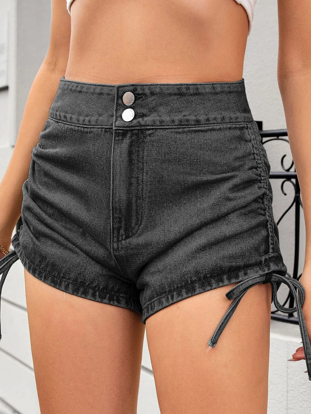 Ruched Side Drawstring Denim Shorts (17)