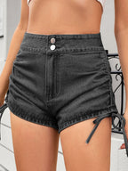 Ruched Side Drawstring Denim Shorts (17)