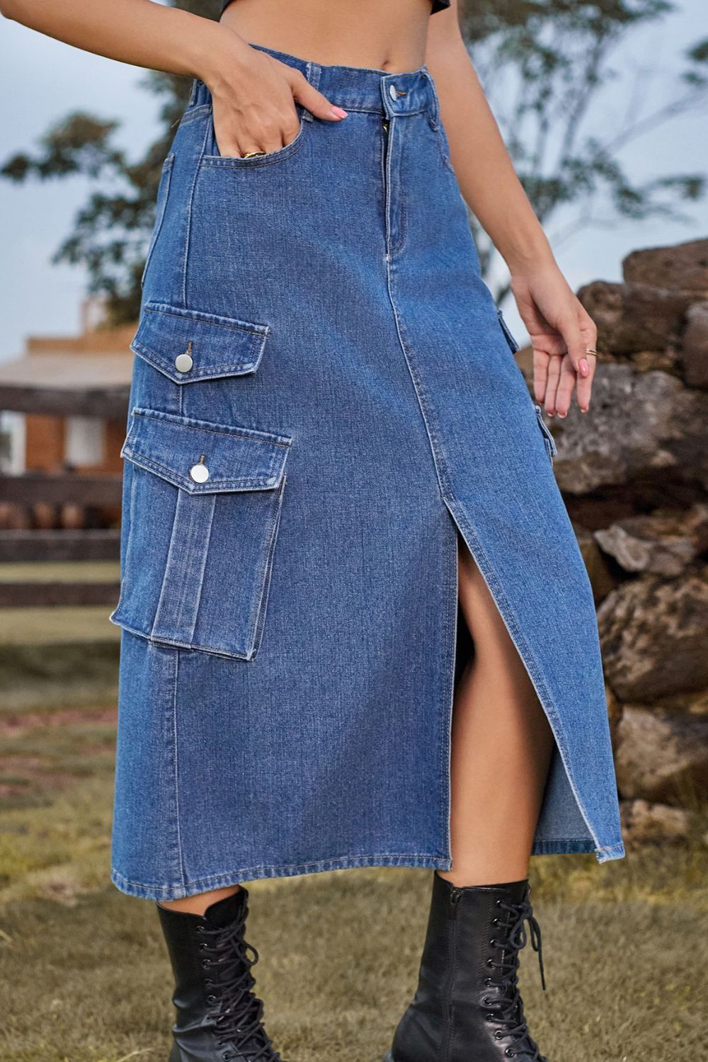 Slit Front Midi Denim Skirt Pockets (3)