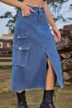 Slit Front Midi Denim Skirt Pockets (3)