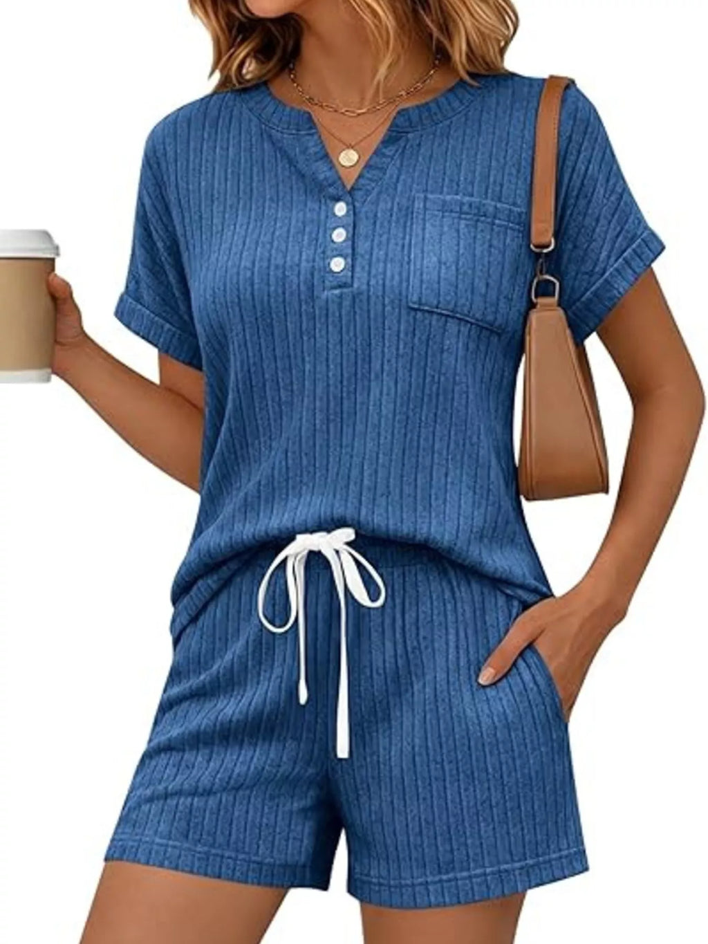 Casual Ribbed Knit Tee Shorts Set (14)