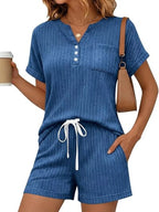 Casual Ribbed Knit Tee Shorts Set (14)