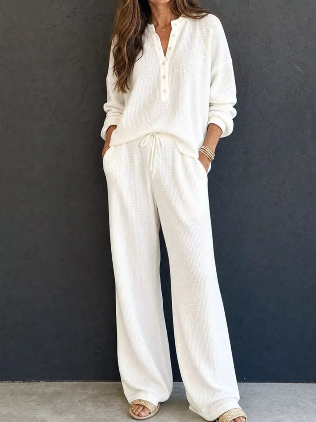 Waffle Knit Henley Top Wide Leg Pants Set