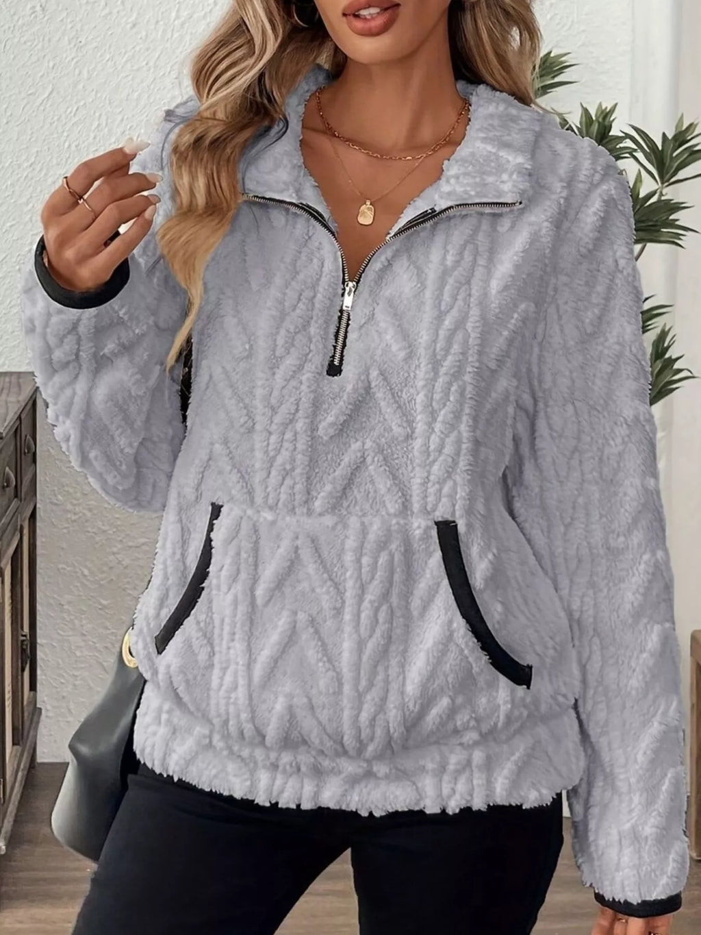 Full Size Half Zip Kangaroo Pocket Sweatshirt Plus (26)