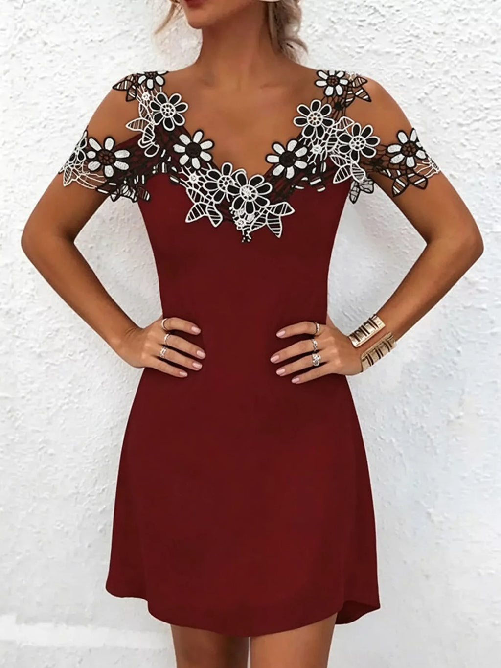 Lace Floral Trim Cold Shoulder Mini Dress (10)