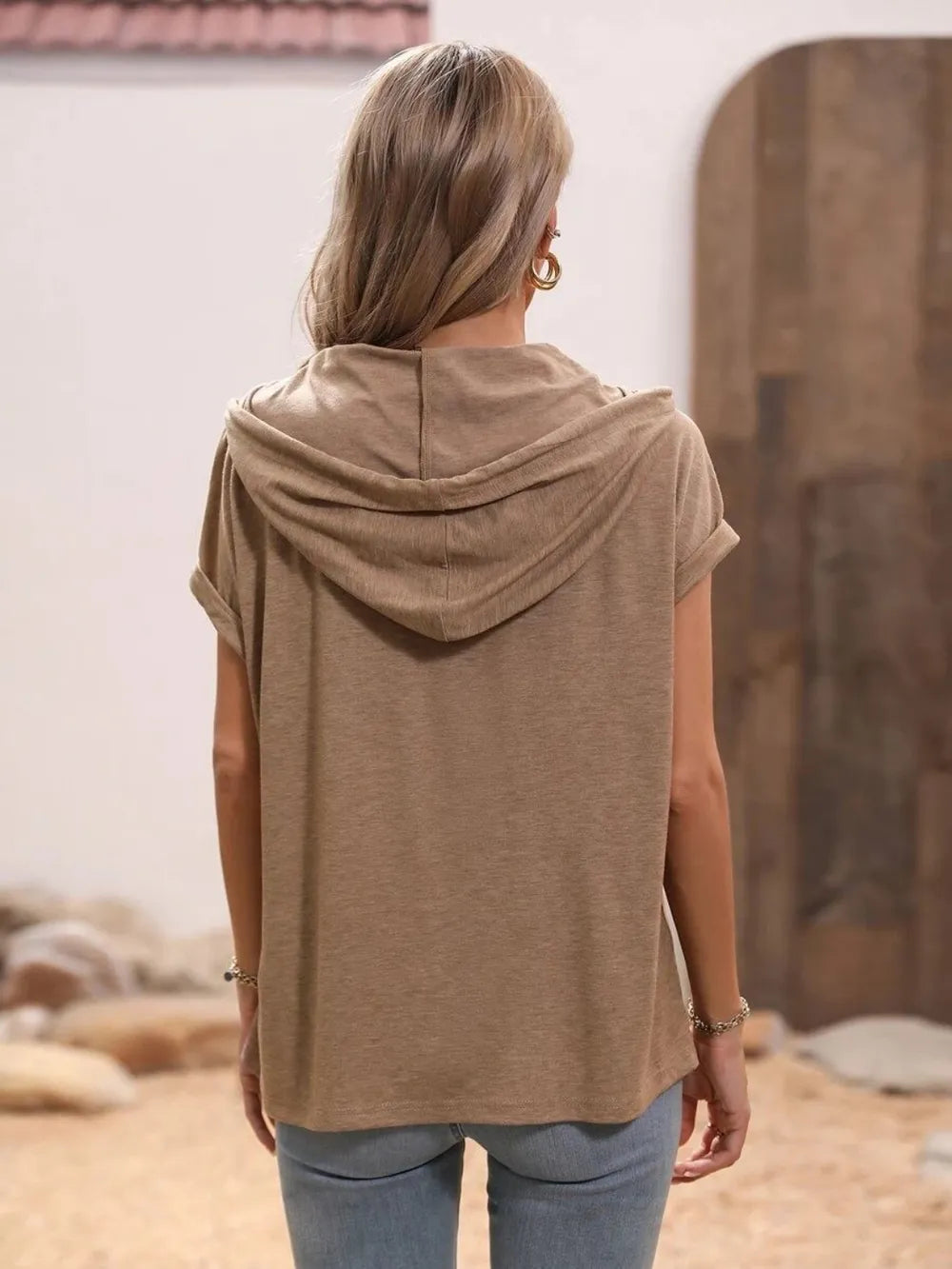 Half Button Hooded Short Sleeve Blouse (3)