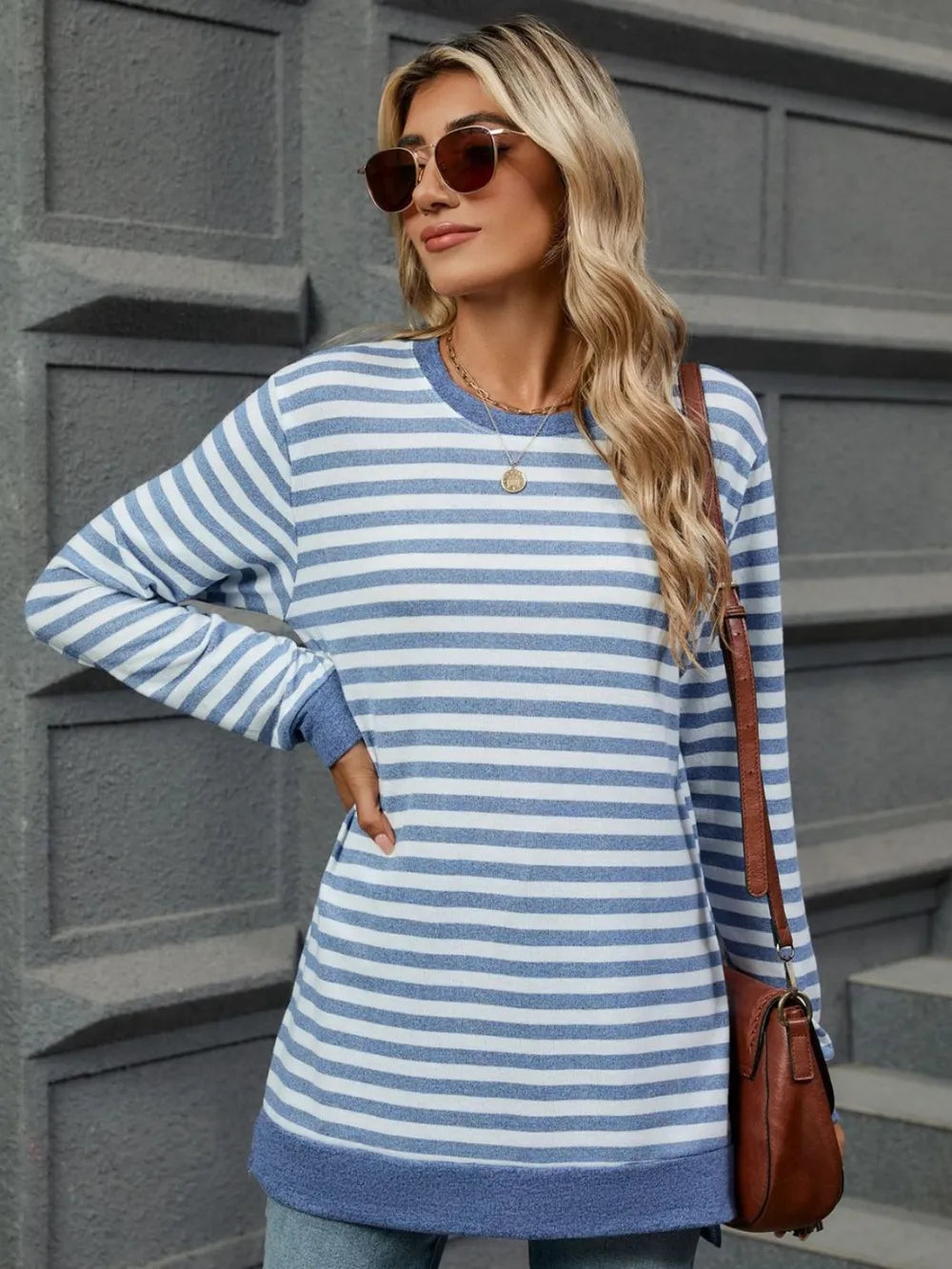 Striped Round Neck Long Sleeve T-shirt (2)