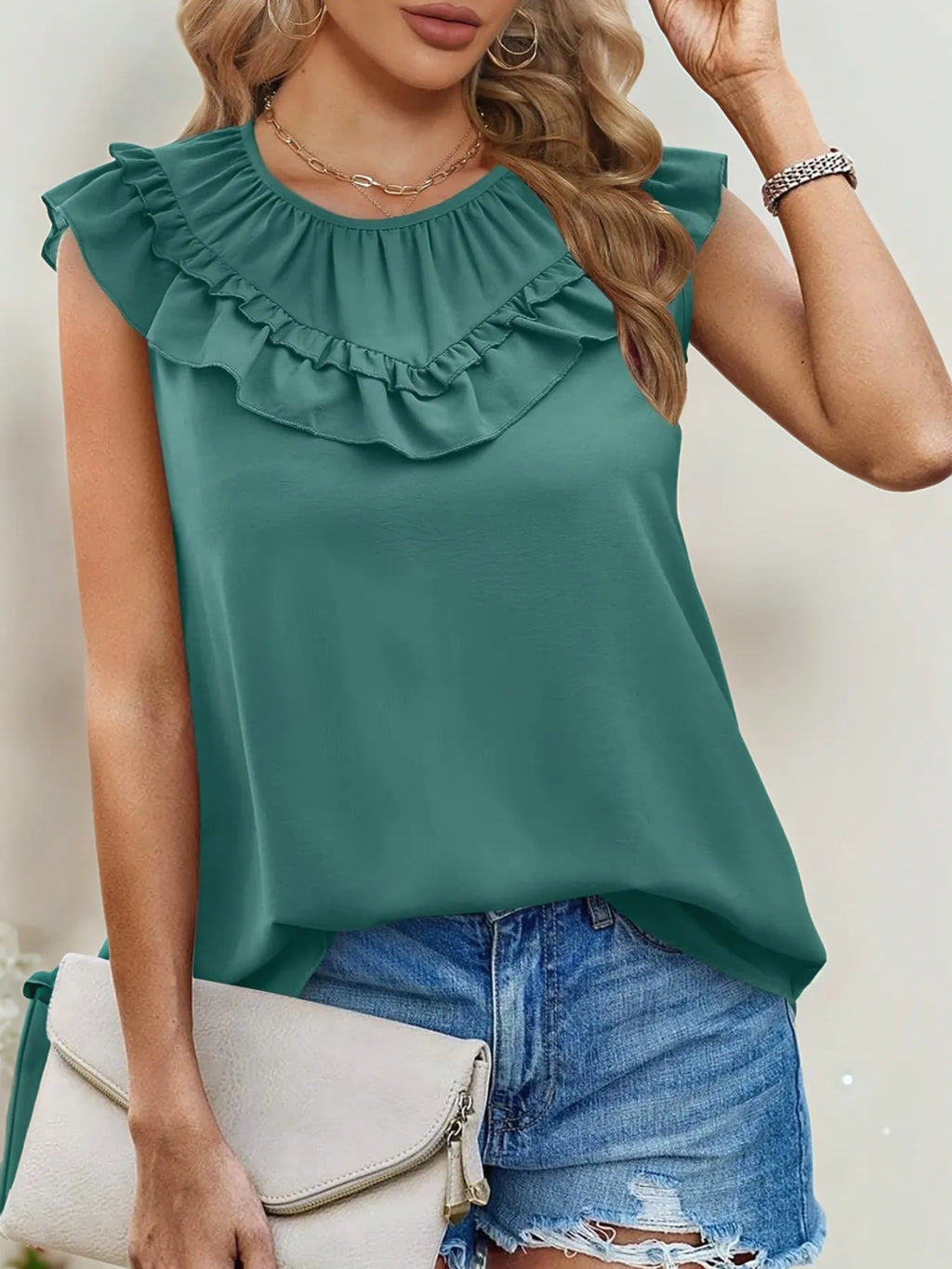 Ruffle Trim Round Neck Blouse