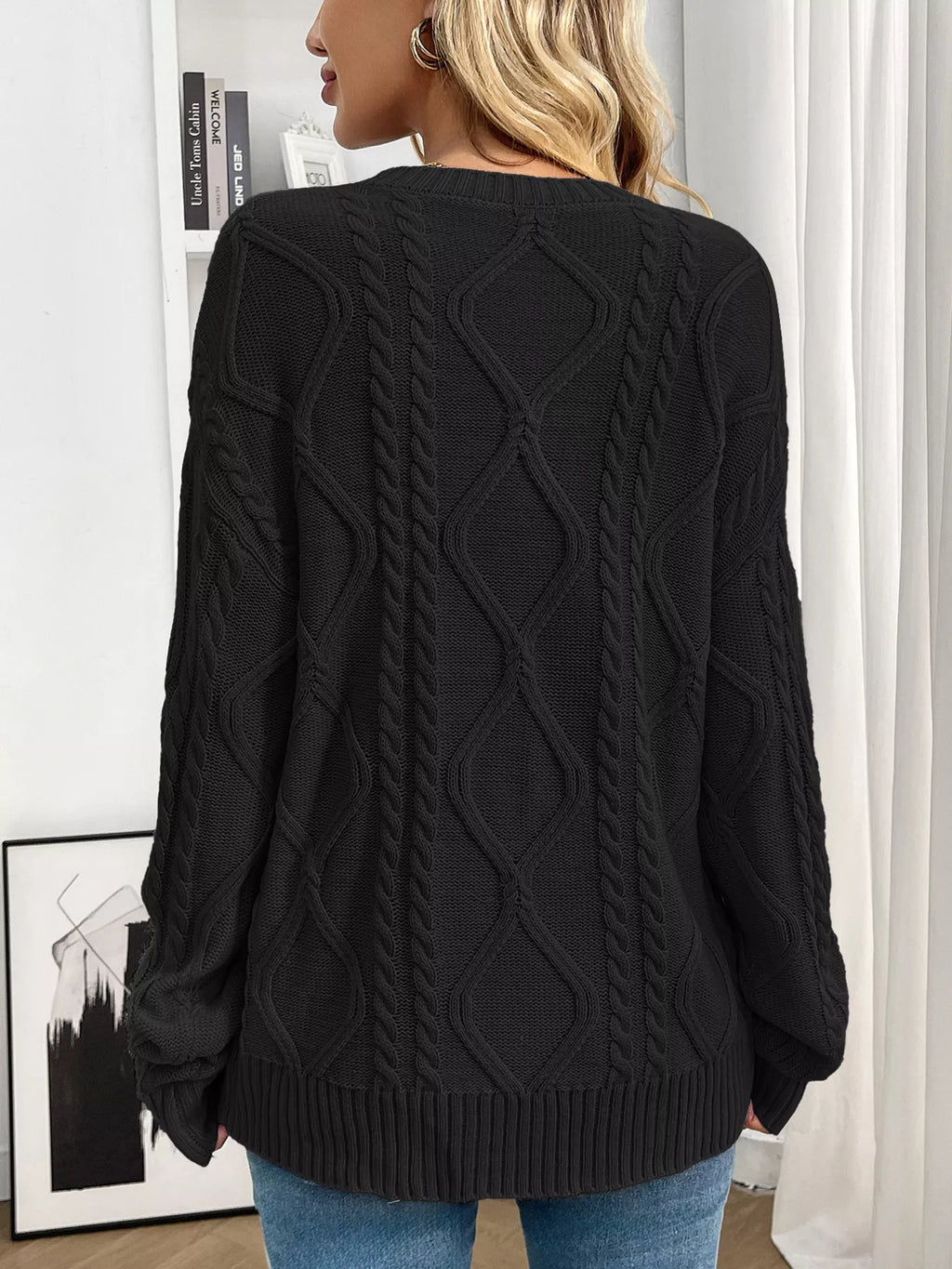 Cable Knit Round Neck Long Sleeve Sweater (14)