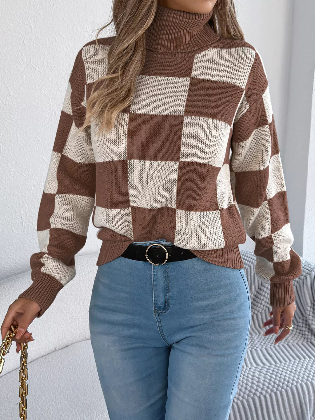 Checkered Turtleneck Long Sleeve Sweater (15)