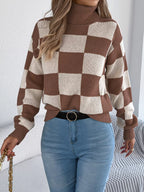 Checkered Turtleneck Long Sleeve Sweater (15)