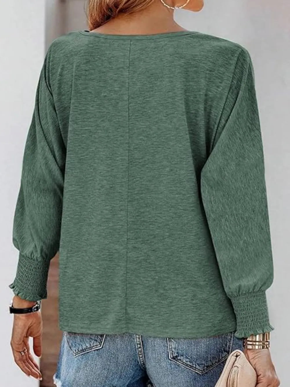 Round Neck Smocked Lantern Sleeve T-shirt (16)