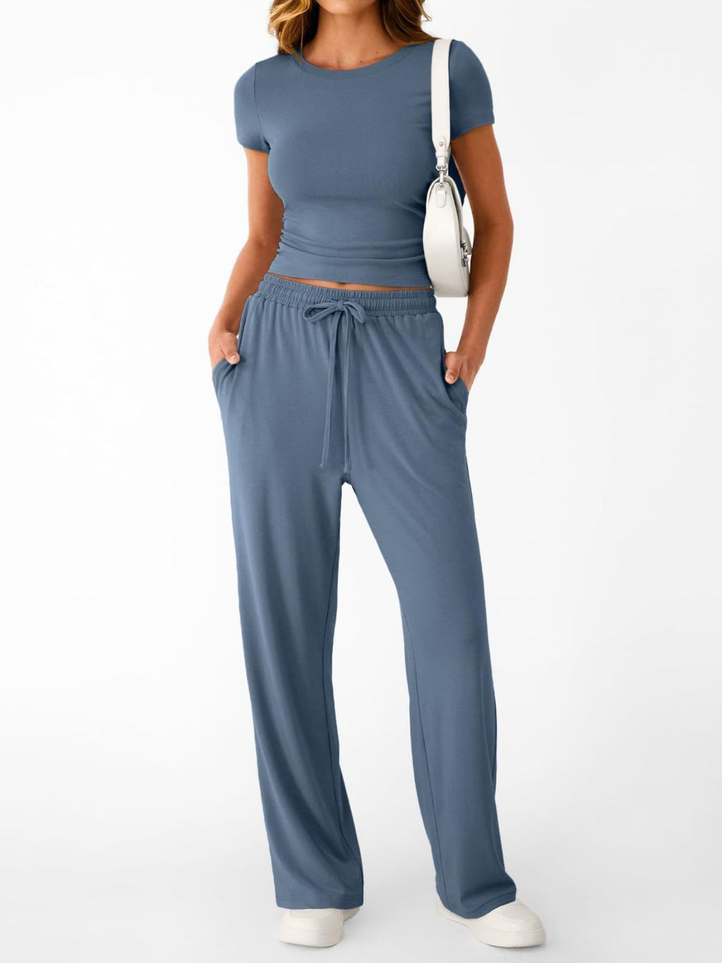 Round Neck Short Sleeve Tee Pants Set (11)