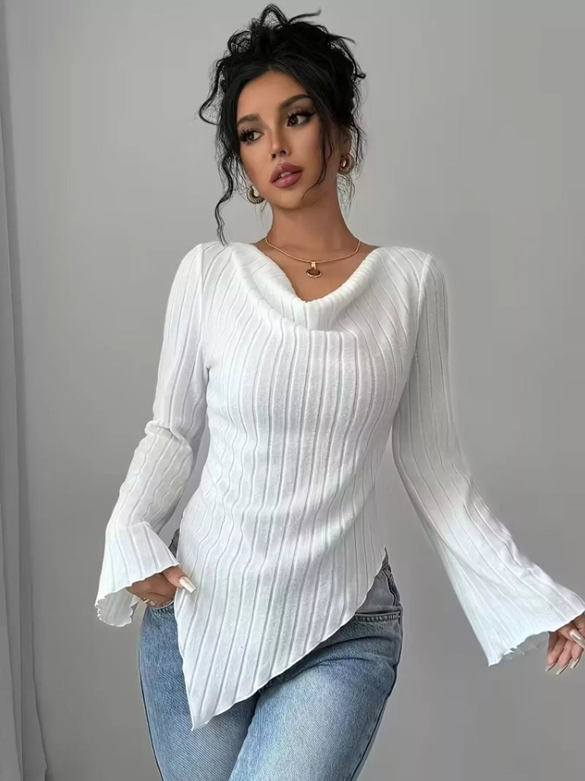 Cowl Neck Ribbed Knit T-shirt (5)