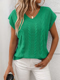 Cable-knit V-neck Short Sleeve Knit Top