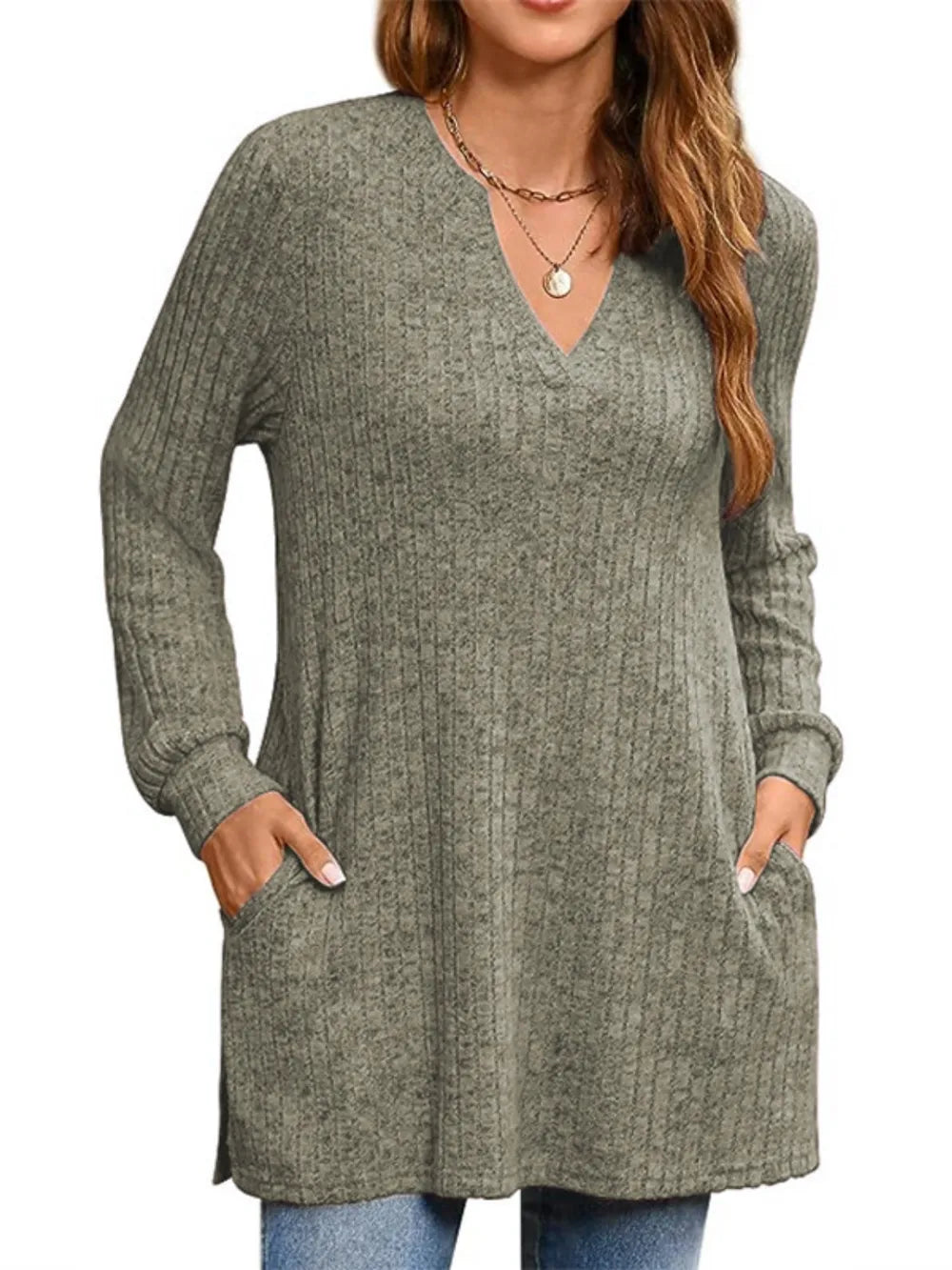 Ribbed Notched Long Sleeve T-shirt (22)