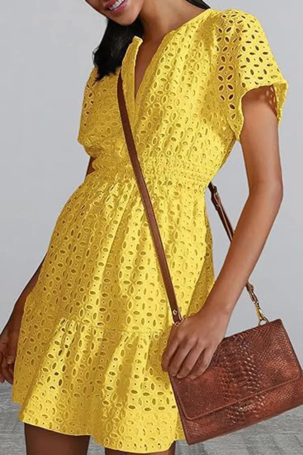 Eyelet Notched Short Sleeve Mini Dress (11)