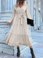 Ruffled Hem V-neck Balloon Sleeve Dress (28)